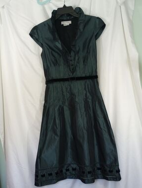 Kay Unger Dark Green Teal Satin Midi Dress with Velvet Belt